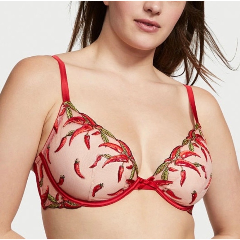 Victoria's Secret Red Chili Pepper Print Low Cut Demi‎ Bra Size 36DDD 36F